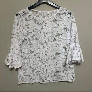 NY Collection Womens Blouse L White Floral Lace Sheer 3/4 Sleeve Beach Tunic NWT